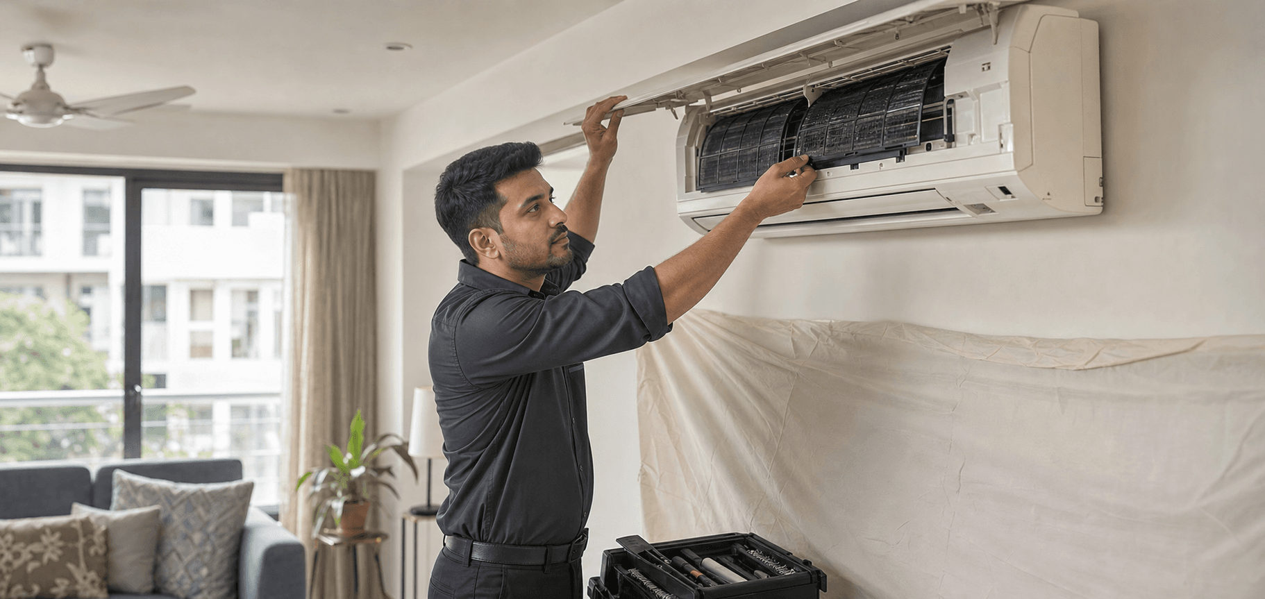 BlinkUp AC technician servicing an indoor split air conditioner in Bhopal