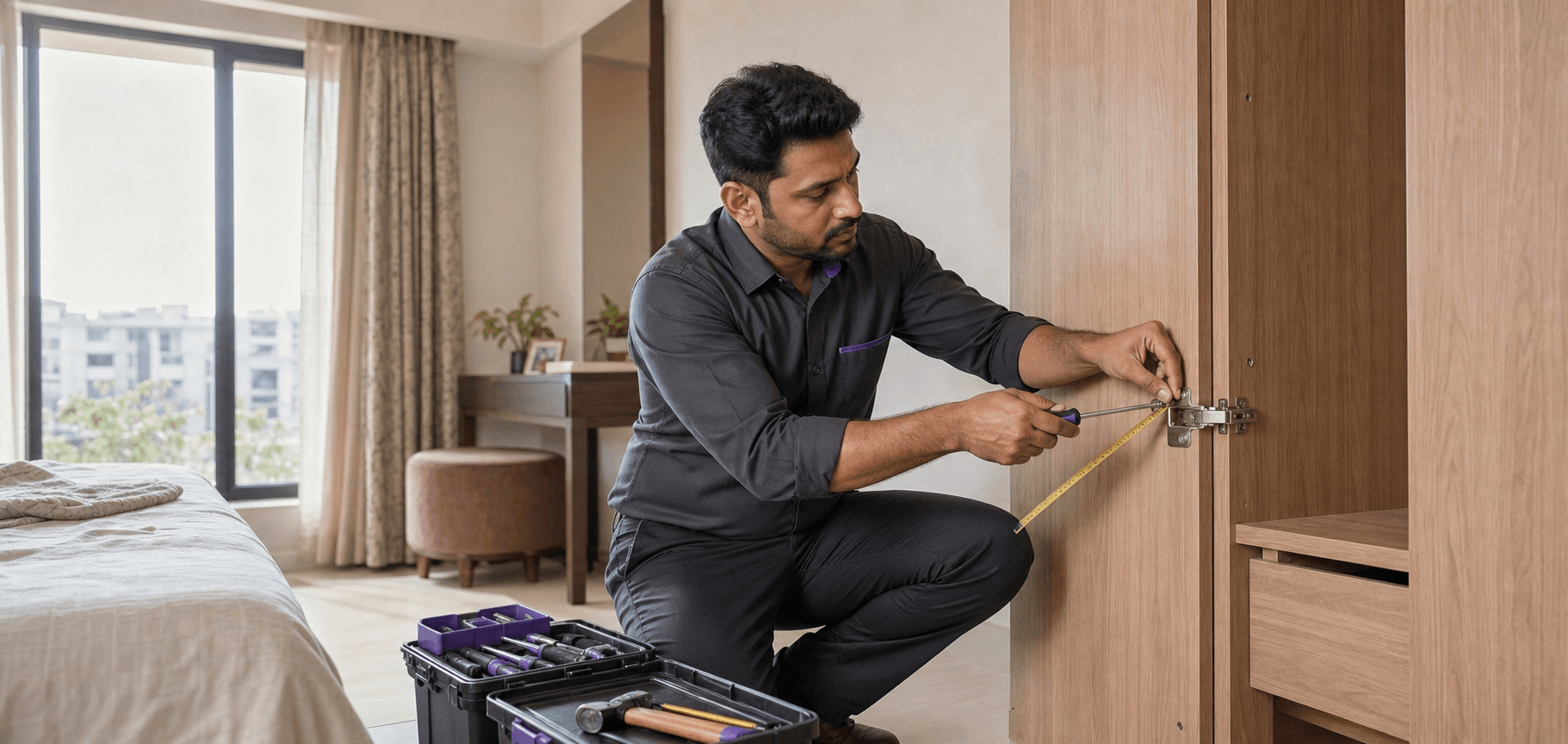 BlinkUp carpenter repairing a wardrobe hinge in a Bhopal home