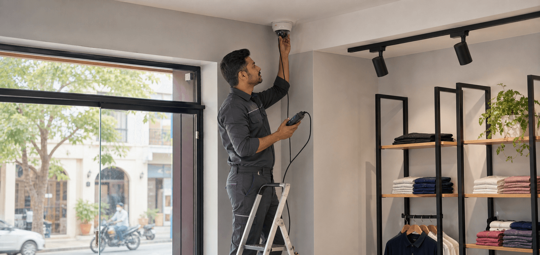 BlinkUp security technician installing a CCTV camera in a Bhopal shop