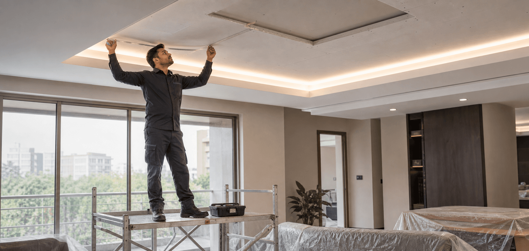 BlinkUp professional measuring a gypsum false ceiling in a Bhopal home
