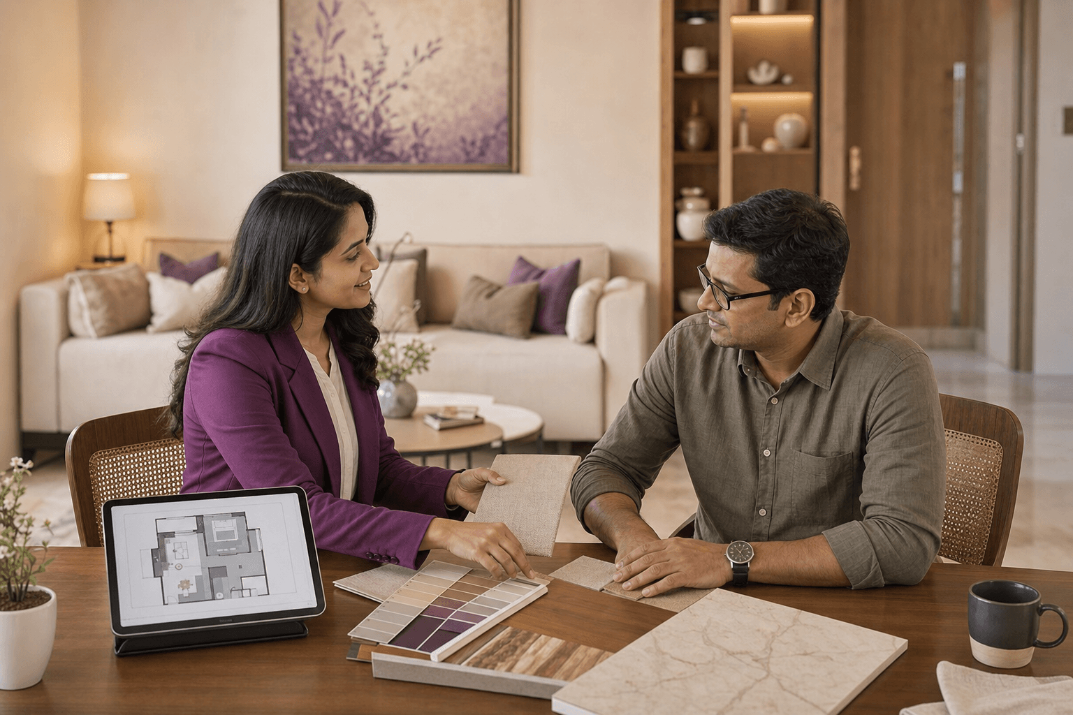 Interior designer reviewing a layout and material samples with a Bhopal homeowner