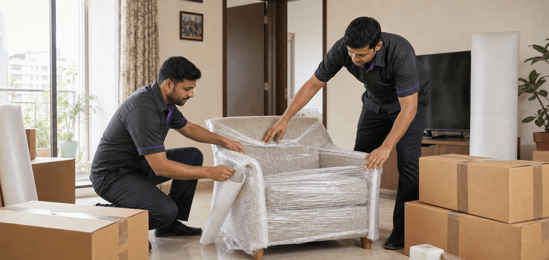 BlinkUp moving professionals carefully wrapping furniture in a Bhopal apartment