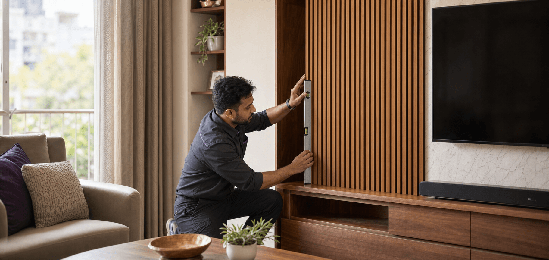 BlinkUp professional installing wooden wall paneling in a Bhopal living room